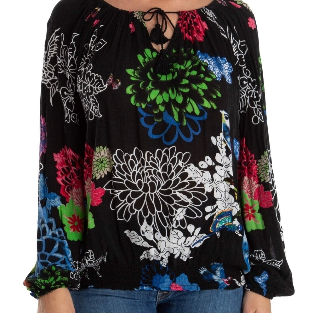 Desigual Boho Floral Peasant blouse Black And Multicolor Vibrant Medium - Picture 3 of 16